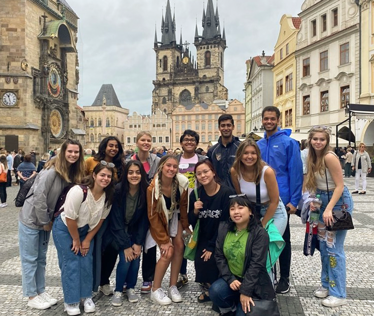 Tech students pose in Prague, Czech Republic during the 2022 Leadership for Social Good program abroad.